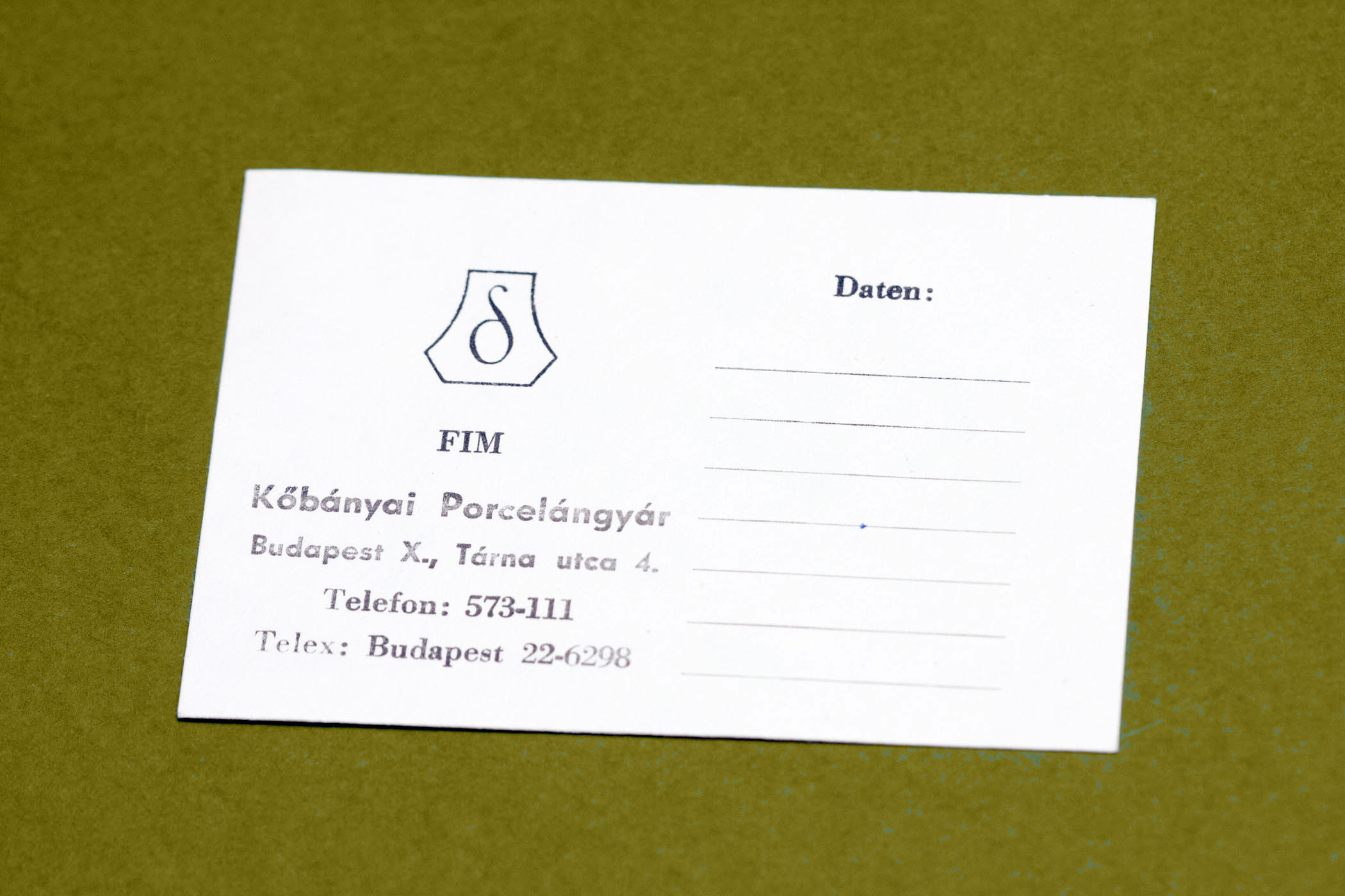 FIM Kőbányai Porcelángyár árúazonosító kártya